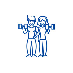 Wall Mural - Couple in fitness gym line concept icon. Couple in fitness gym flat  vector website sign, outline symbol, illustration.