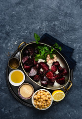 Wall Mural - Ingredients for cooking healthy vegetarian beet hummus copy space top view