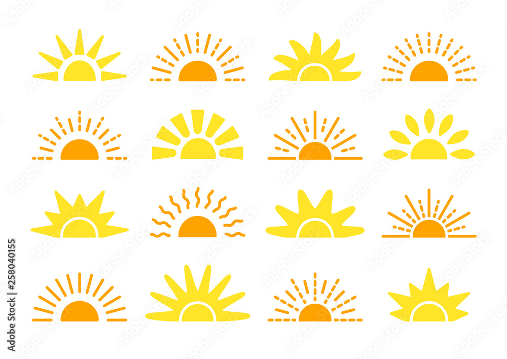Sunrise & sunset symbol collection. Flat vector icons. Morning sunlight signs. Isolated objects. Yellow sun rise over horison - obrazy, fototapety, plakaty 