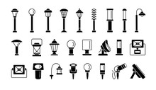 Landscape Path Lights For Patio, Deck & Yard. Outdoor Garden Lighting. Vector Flat Icon Set. Isolated Objects.