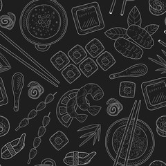 Sticker - Japanese Food Seamless Pattern Hand Drawn on Chalkboard Vector Illustration