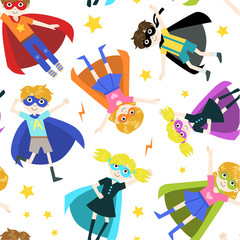 Wall Mural - Cute Superhero Boys and Girls Seamless Pattern Vector Illustration