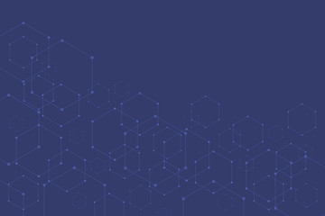 Poster - abstract hexagonal molecular structures on blue background with copy space.