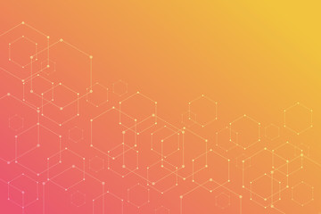 Poster - abstract hexagonal molecular structures on orange background with copy space.
