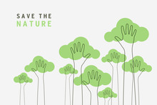 Lined Of Hands Raised Up Like Trees. Save The Nature, Save The World Banner.