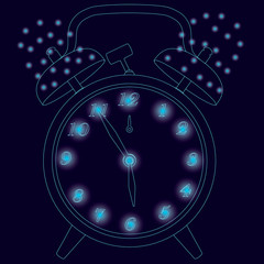 Contour of the old clock with an alarm clock. Contour of the clock of the blue lines on a dark background with glowing lights. Vector illustration