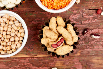 Bowls of various Collection set of beans and legumes.