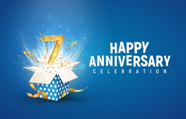 Wall Mural - 7 th years anniversary banner with open burst gift box. Template seventh birthday celebration and abstract text on blue background vector illustration