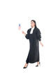 © LIGHTFIELD STUDIOS - Judge in judicial robe holding american flag and walking isolated on white