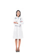 © LIGHTFIELD STUDIOS - Full length view of joyful doctor in white coat standing with folded arms isolated on white