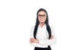 © LIGHTFIELD STUDIOS - Front view of smiling call center operator in glasses with folded arms isolated on white
