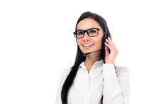 Smiling Call Center Operator In Glasses Touching Headset Isolated On White