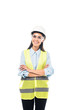 © LIGHTFIELD STUDIOS - Smiling engineer in safety vest and goggles standing with folded arms isolated on white