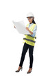 © LIGHTFIELD STUDIOS - Full length view of concentrated engineer in safety vest looking at blueprint isolated on white