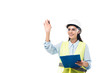© LIGHTFIELD STUDIOS - Engineer in hardhat holding clipboard and waving hand isolated on white