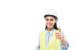 © LIGHTFIELD STUDIOS - Smiling engineer in hardhat showing thumb up isolated on white
