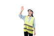 © LIGHTFIELD STUDIOS - Laughing engineer in safety vest waving hand isolated on white