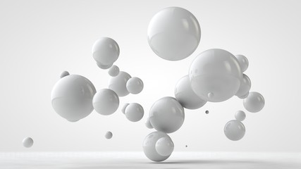 Poster - 3D illustration of balls of different sizes hanging in space. The idea of order, chaos and harmony. Abstraction. Comparative image of the geometry of space. 3D rendering isolated on white background.