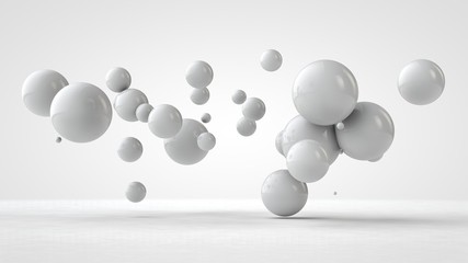 Poster - 3D illustration of balls of different sizes hanging in space. The idea of order, chaos and harmony. Abstraction. Comparative image of the geometry of space. 3D rendering isolated on white background.