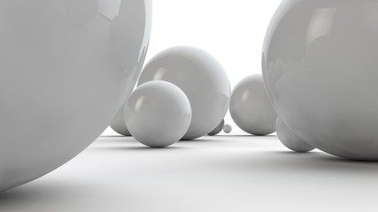 Poster - 3D illustration of large white spheres and many small balls on a white surface. The idea of beauty. Comparative image of the geometry of space. 3D rendering isolated on white background.
