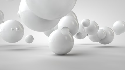 Poster - 3D illustration of balls of different sizes hanging in space. The idea of order, chaos and harmony. Abstraction. Comparative image of the geometry of space. 3D rendering isolated on white background.