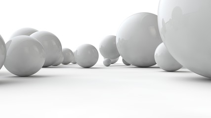 Poster - 3D illustration of balls of different sizes on a white surface. The idea of order, chaos and abstraction. Comparative image of the geometry of space. 3D rendering isolated on white background.