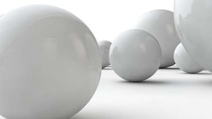 Poster - 3D illustration of large white spheres and many small balls on a white surface. The idea of beauty. Comparative image of the geometry of space. 3D rendering isolated on white background.