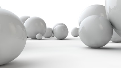 Poster - 3D illustration of large white spheres and many small balls on a white surface. The idea of beauty. Comparative image of the geometry of space. 3D rendering isolated on white background.
