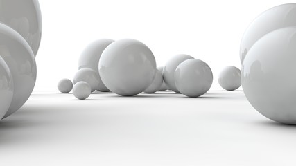 Poster - 3D illustration of balls of different sizes on a white surface. The idea of order, chaos and abstraction. Comparative image of the geometry of space. 3D rendering isolated on white background.