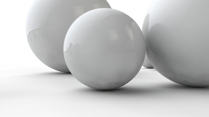Poster - 3D illustration of large and small white spheres and many different balls on a white surface. The idea of beauty. Comparative image of the geometry of space. 3D rendering isolated on white background.