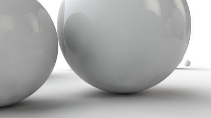 Poster - 3D illustration of balls of different sizes on a white surface. The idea of order, chaos and abstraction. Comparative image of the geometry of space. 3D rendering isolated on white background.
