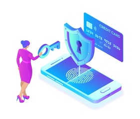 Wall Mural - Secure payments. Data protection concept. Personal data protection. Credit card check and software access data as confidential. User woman character. 3d isometric flat design. Vector illustration.