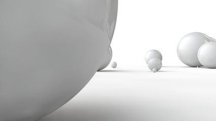 Poster - 3D illustration of large white spheres and many small balls on a white surface. The idea of beauty. Comparative image of the geometry of space. 3D rendering isolated on white background.