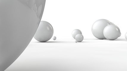 Poster - 3D illustration of large white spheres and many small balls on a white surface. The idea of beauty. Comparative image of the geometry of space. 3D rendering isolated on white background.