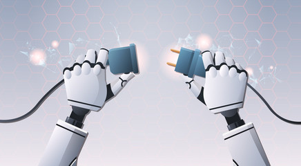 Poster - robot hands inserting plug in socket ready to connect top angle view artificial intelligence digital futuristic technology concept flat horizontal