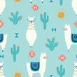vector seamless kids pattern of cute llamas with cactus, suns and geometric shapes on a blue background