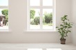 © AntonSh - White stylish empty room with summer landscape in window. Scandinavian interior design. 3D illustration