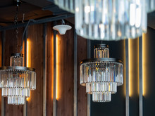 Three Chandeliers Made Of Transparent Crystal Oblong Plates