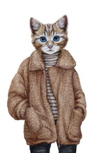 Animals Dressed Up In Human Clothing. Portrait Of A Cat Girl. Hand-drawn Illustration, Digitally Colored.