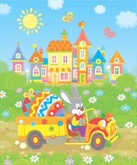 Wall Mural - Grey rabbit driving a small toy truck with a big colored Easter egg, vector illustration in a cartoon style