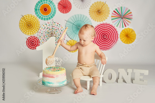 Kids Birthday 1 Year Old Boy With A Cake Buy This Stock
