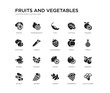set of 20 black filled vector icons such as cauliflower, berries, onion, orange, raspberry, ginger, potatoes, lettuce, chili, pomegranate. fruits and vegetables black icons collection. editable
