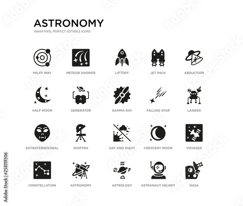 Fotografía set of 20 black filled vector icons such as nasa, voyager, lander, abduction, astranaut helmet, astrology, half moon, jet pack, liftoff, meteor shower