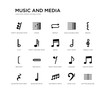 set of 20 black filled vector icons such as dotted barline, eighth note, treble clef, brace, bass clef, sixteenth note, flat, bold double bar line, repeat, stave. music and media black icons