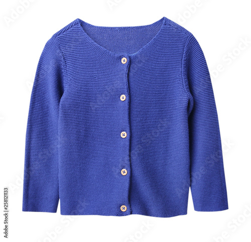 Fotografía Child's blue knitted long sleeve cardigan isolated.