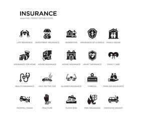 set of 20 black filled vector icons such as excessive weight for the vehicle, familiar insurance, family care, family house, fire insurance, flood risk, insurance for home of tornado, of a shield