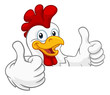 A chicken rooster cockerel bird cartoon character peeking over a sign and giving a double thumbs up