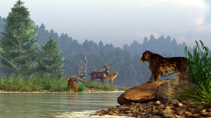 Aufkleber - A saber-toothed cat gazes across a river at a family of deer.  The pleistocene hunter is foiled by the deep waters and can only watch as his potential prey casually drinks on the shore. 3D Rendering