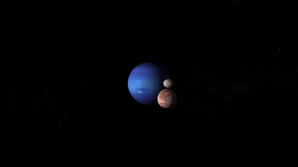 Wall Mural - Space travel, two moons orbit around fictional blue planet rotating in sky. Contains public domain image by Nasa