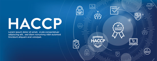  HACCP - Hazard Analysis Critical Control Points icon set and web header banner with award or checkmark